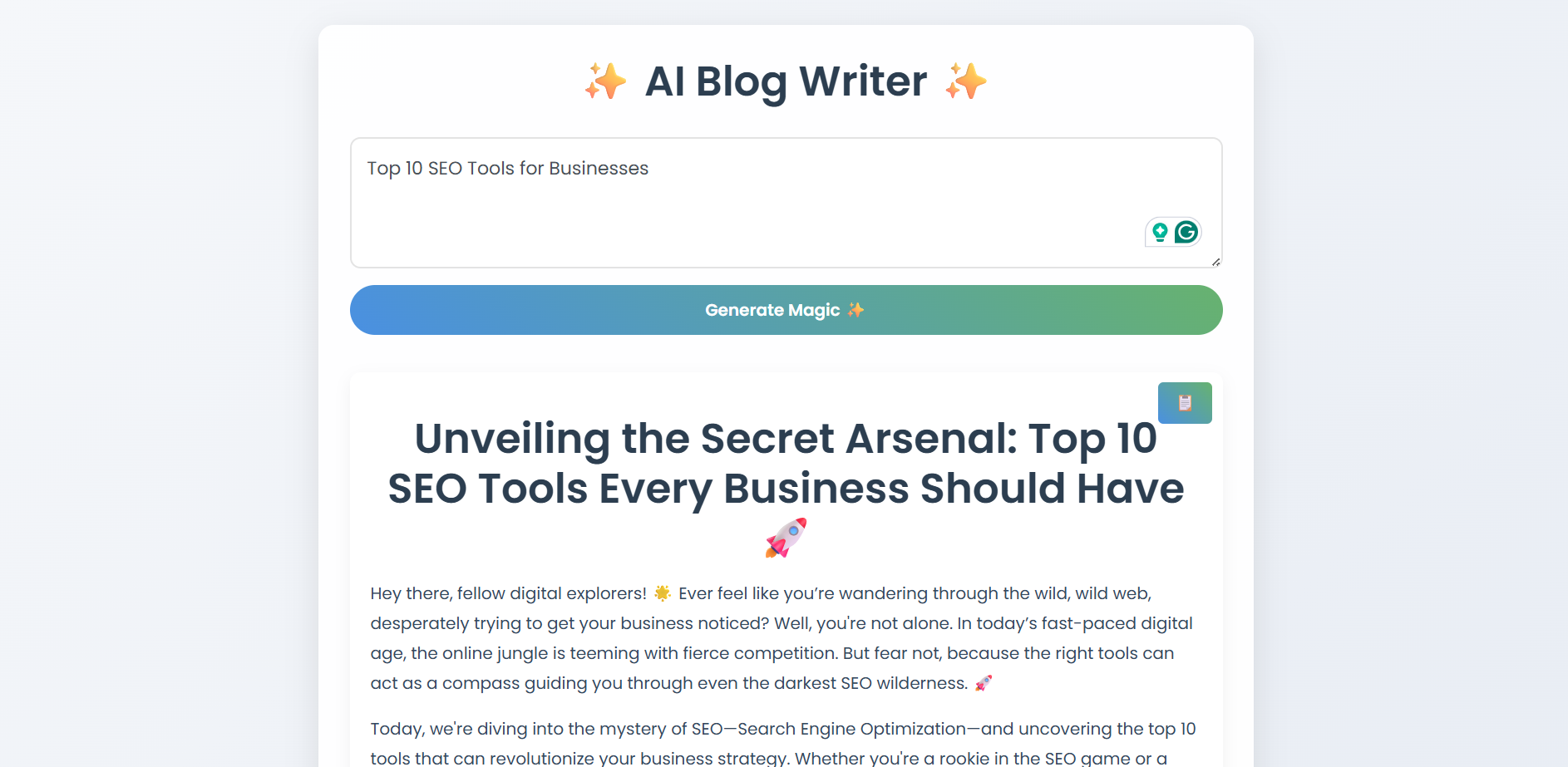 AI Blog Writer Screenshot - In Action